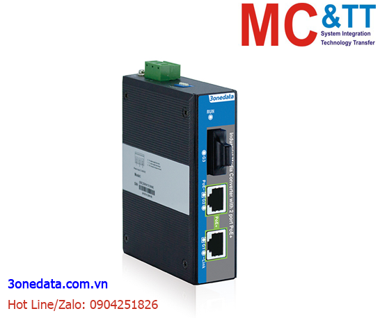 Bộ chuyển đổi quang điện công nghiệp 2 cổng Gigabit PoE Ethernet + 1 cổng Gigabit Quang (2 Sợi quang, Multi Mode, SC, 2KM) 3Onedata IPMC100-1GF-M-SC-2KM-2GPOE